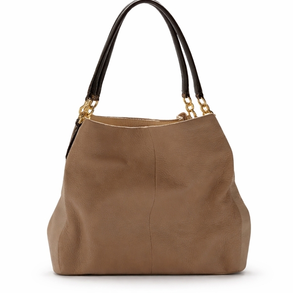 Coach Handbags - Coach Classic Taupe Leather Shoulder Bag with Black Handles